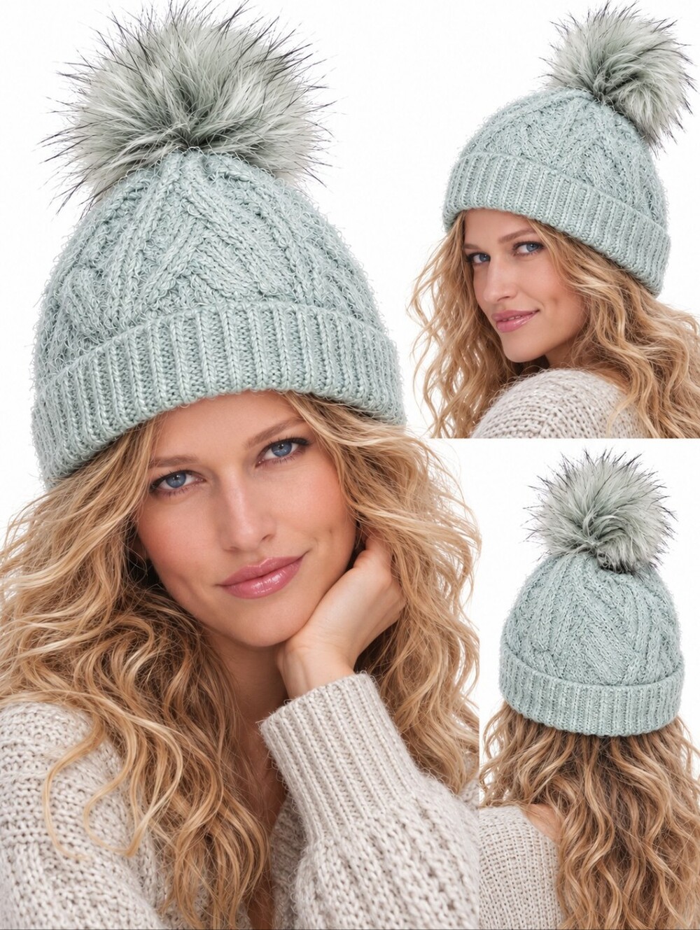 NWT Echo ECHO23NYC Faux Fur Pom Fuzzy Cable Knit Beanie Macy’s Exclusive Mint